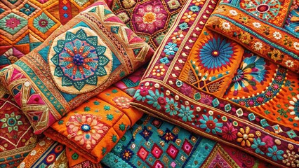 Vibrant hues of orange, pink, and turquoise adorn intricate geometric patterns on ancient Indian textiles, blending traditional craftsmanship with modern style and cultural heritage.