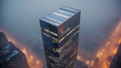 Foggy Evening View of Modern Skyscraper in Urban Setting