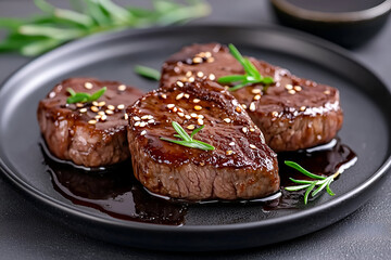 Juicy Grilled Steak with Fresh Rosemary on a Black Plate, Perfect for a Gourmet Meal