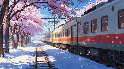 Train on railway in winter with Sakura trees and snow anime style 