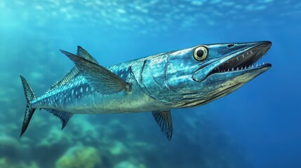 Fototapeta premium A vibrant underwater scene featuring a majestic barracuda swimming gracefully in clear blue water.