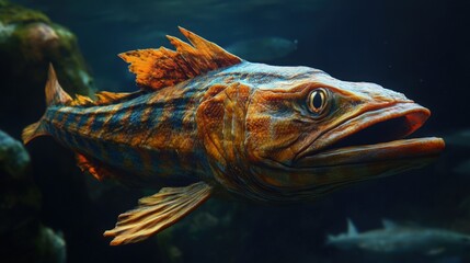 Obraz premium A vibrant underwater scene featuring a colorful fish swimming gracefully through the water, showcasing its detailed patterns and fins.