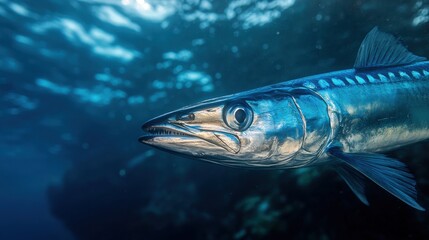 Close-up of a majestic fish swimming gracefully in clear blue water, showcasing its iridescent scales and sharp features.