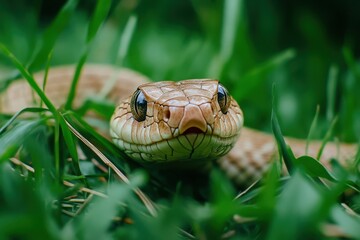 Obraz premium Close-up of a snake resting in lush green grass, showcasing its intricate patterns and striking eyes.