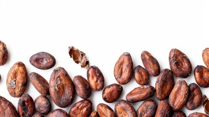 Obraz premium Brown roasted cocoa beans isolated on white background, cocoa seeds texture background