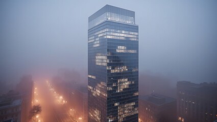 Modern Glass Skyscraper Surrounded by Fog at Dusk in an Urban Setting