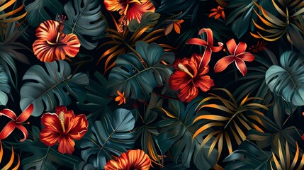 A seamless pattern of tropical leaves and flowers in red and orange hues, set against a dark green and black background.