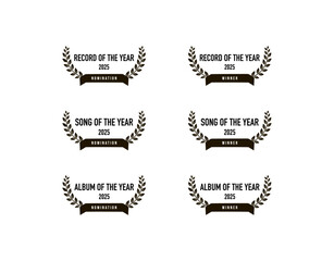 Music award logo vector set: song, album, record of the year. Black and white badge collection with wreath emblems for winner