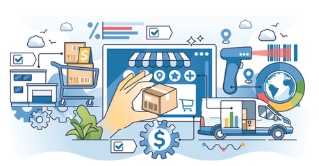 Dropshipping business and process when vendor fulfills order for third party company outline hands concept. Retail shipping from warehouse and purchase distribution for customer vector illustration.