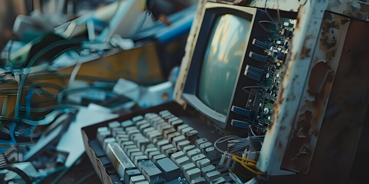 A decaying vintage computer with a damaged monitor and exposed wiring symbolizing technological obsolescence and the impact of time on outdated technology