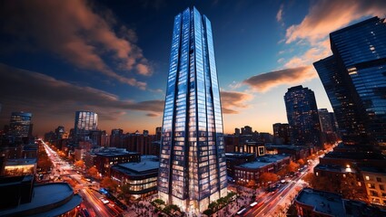 Modern glass skyscraper illuminated at sunset in urban cityscape