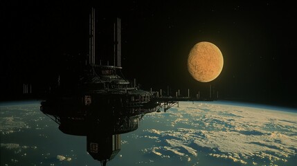 A futuristic space station orbits a vibrant planet, showcasing the beauty of cosmic exploration and the wonder of the universe.
