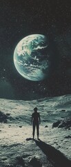 Obraz premium A lone figure stands on a lunar landscape, gazing at a vibrant Earth against a starry backdrop, evoking a sense of wonder and exploration.