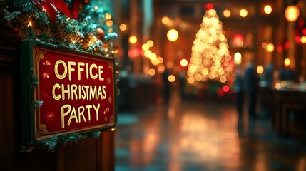 “OFFICE CHRISTMAS PARTY” sign - holiday party - hotel lobby - festive - office party -business - holidays