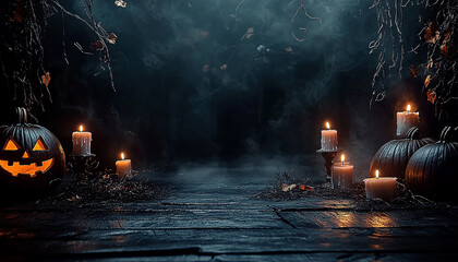 Spooky Halloween night, pumpkin lantern burning candle flame generated by AI