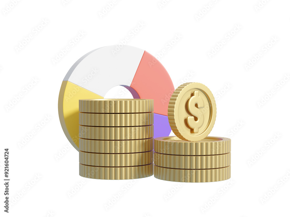 Wall mural 3d illustration showing statistics icons and coins isolated on transparent background. it symbolizes