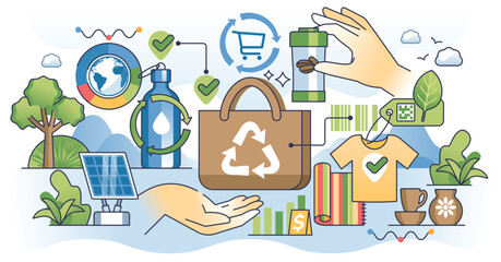 Sustainable retail made from recyclable materials outline hands concept. Zero waste lifestyle and responsible community using nature friendly products vector illustration. Green ecological packaging.