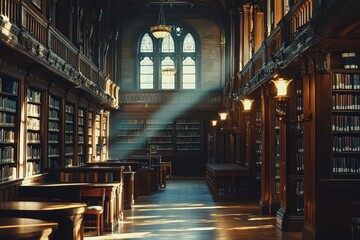Fototapeta premium A serene library interior with tall shelves, wooden decor, and beams of light highlighting the quiet reading space.