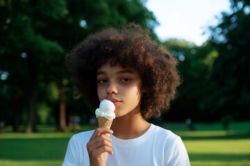 Fototapeta premium A young girl enjoys an ice cream cone in a park, the soft green background highlighting her thoughtful expression and the simplicity of childhood.
