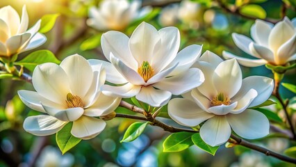 Delicate white magnolia blooms with soft, velvety petals and golden centers unfold against a gentle, muted green foliage background, exuding serenity and elegance.