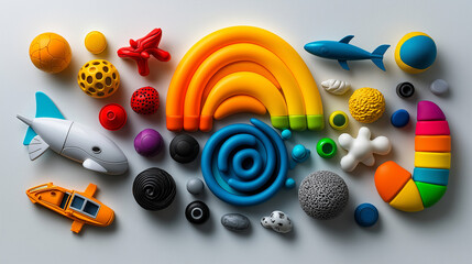 A bright and colorful studio photo of children's toys arranged neatly, showcasing their fun and educational value 