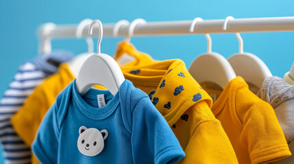 A classic high-quality photo of baby clothes on hangers, showcasing various styles and designs