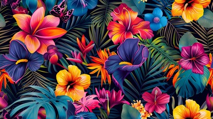 Vibrant tropical floral pattern with bright hibiscus, orchids, butterflies, and palm leaves.