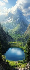 Breathtaking mountain landscape with a serene lake, lush greenery, and dramatic clouds creating a perfect nature scene.
