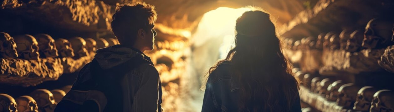 Tourists exploring the catacombs of Paris, history, intrigue