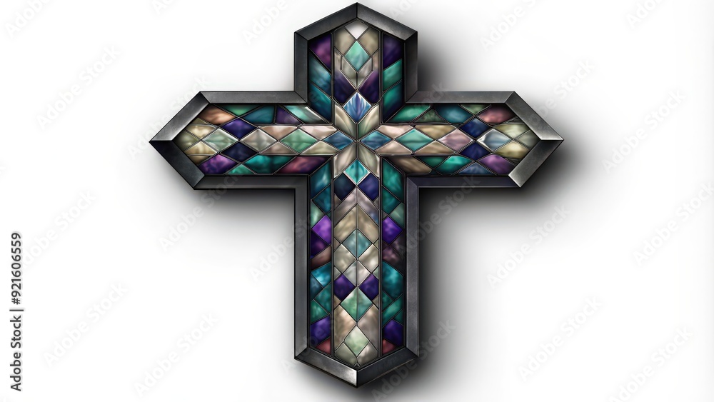 Poster A stained glass cross with a silver frame and a geometric pattern of blue, green, purple, and beige.