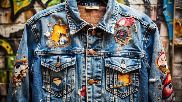 Distressed, faded denim jacket with rusty metal buttons, adorned with ripped fabric patches and graffiti-inspired artwork, evoking a rebellious, nostalgic 90s grunge aesthetic.