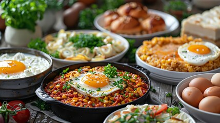 Obraz premium A variety of breakfast dishes with fried eggs, including pasta, rice, and potatoes.