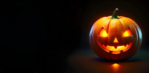 Happy Halloween Jack o’ Lantern on Bold Black Background With Text Space