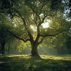 Obraz premium A majestic tree stands in a sunlit forest, surrounded by vibrant foliage and glowing rays of light filtering through the leaves.
