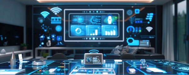 Fototapeta premium A smart home control room with a central managing various devices and systems, 