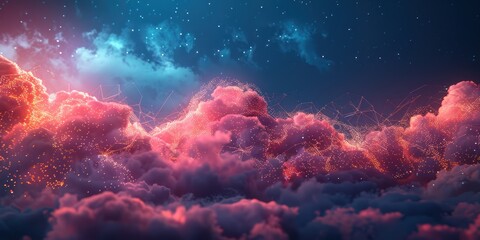 Abstract Night Sky with Glowing Clouds and Connected Lines