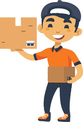 A simple illustration of an Asian delivery man holding up the box cartoon style