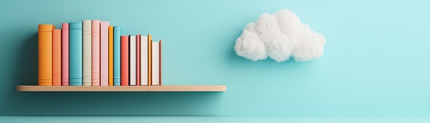 A colorful bookshelf against a blue wall, featuring vibrant books and a whimsical cloud, perfect for education and creativity themes.