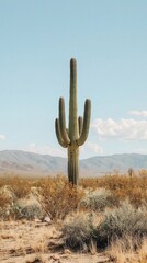A tall saguaro cactus stands majestically in the desert landscape under a clear blue sky, showcasing nature's beauty.