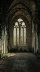 Fototapeta premium An abandoned gothic room featuring a stained glass window and overgrown vines, evoking a sense of mystery and history.