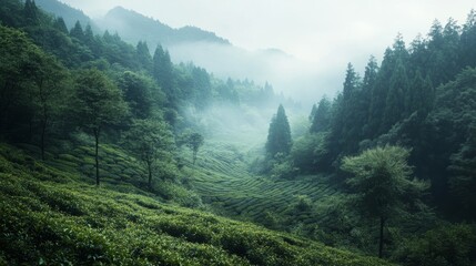 Obraz premium A large tea garden stretches across the mountains, with dense greenery and a backdrop of misty forests. A winding path through the lush gardens, where small tea trees are lined up in rows.