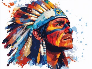 Fototapeta premium Painting of Native American man with face paint and headdress