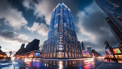 Modern Skyscraper Illuminated at Dusk in Busy Urban Cityscape