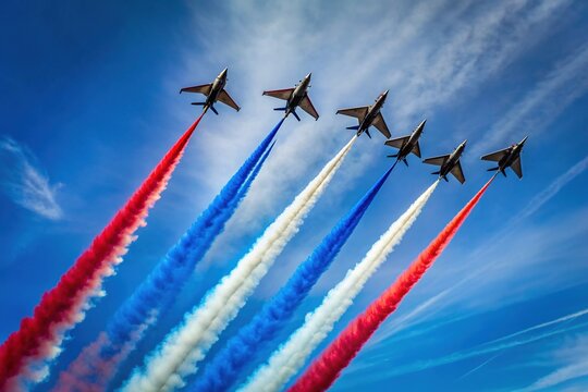 Three sleek fighter jets soar through a clear blue sky, leaving behind a vibrant trail of red and blue contrails, showcasing aerial prowess.
