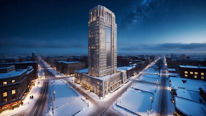 Skyscraper in snowy cityscape under a starry night sky