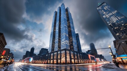 Dramatic Evening Cityscape with Tall Skyscrapers and Reflections