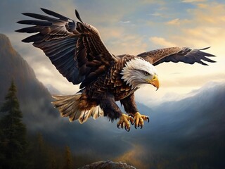 soaring eagle with spread wings, blurred background