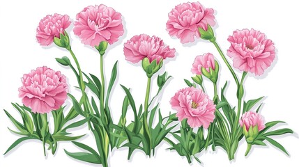 Obraz premium Sticker Design: Cluster of Pink Carnations with Green Stems and Leaves on White Background