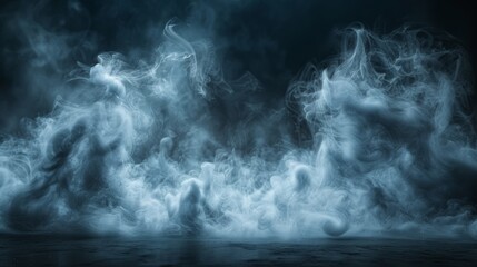Swirling mist envelops a dark backdrop in a moody atmosphere at twilight
