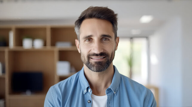 A portrait of an attractive businessman in his late thirties, with short hair and a beard wearing a blue shirt over a white t-shirt standing at the front facing the camera smiling.